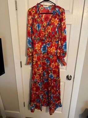 Chelsea &Violet Red Floral Long Sleeve Maxi Dress - Vibrant Floral Print